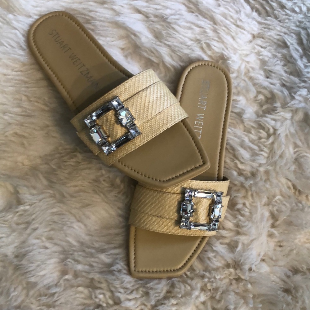Stuart Weizmann Saint Tropez Slide Sparkling Stones Flats Slides in Wheat